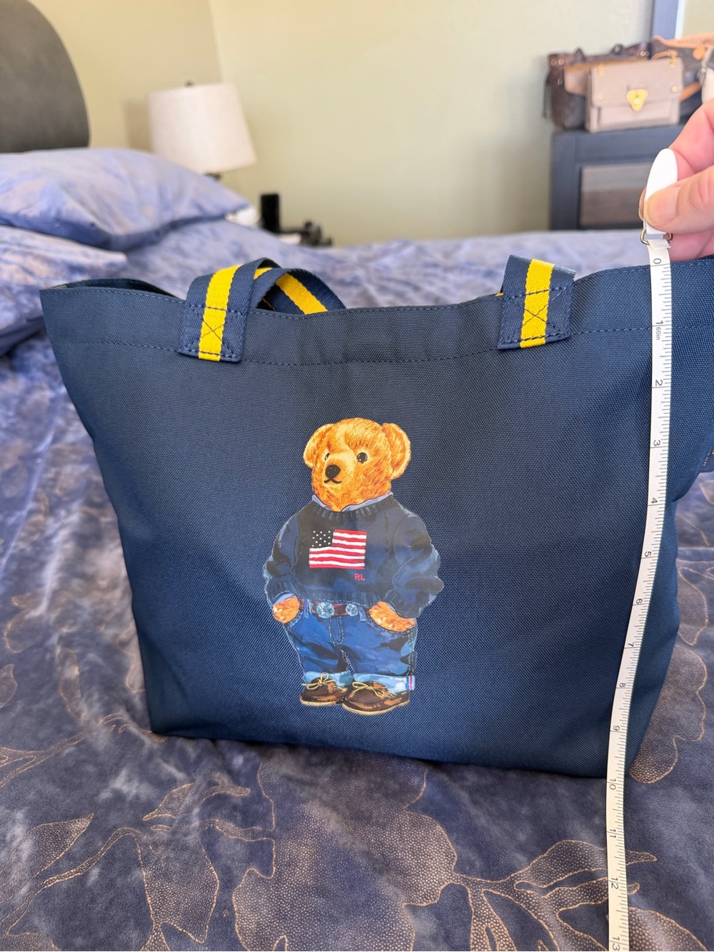Polo by Ralph Lauren Navy Tote with Yellow-Striped Handles and Bear Graphic - Picture 5 of 16